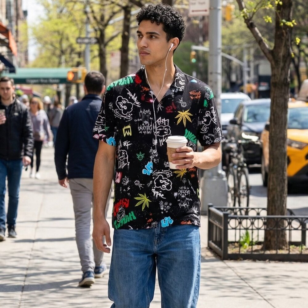 Kronic Prints Drill Clothing Graffiti Print Cannabis Theme Button Up Shirt NWT